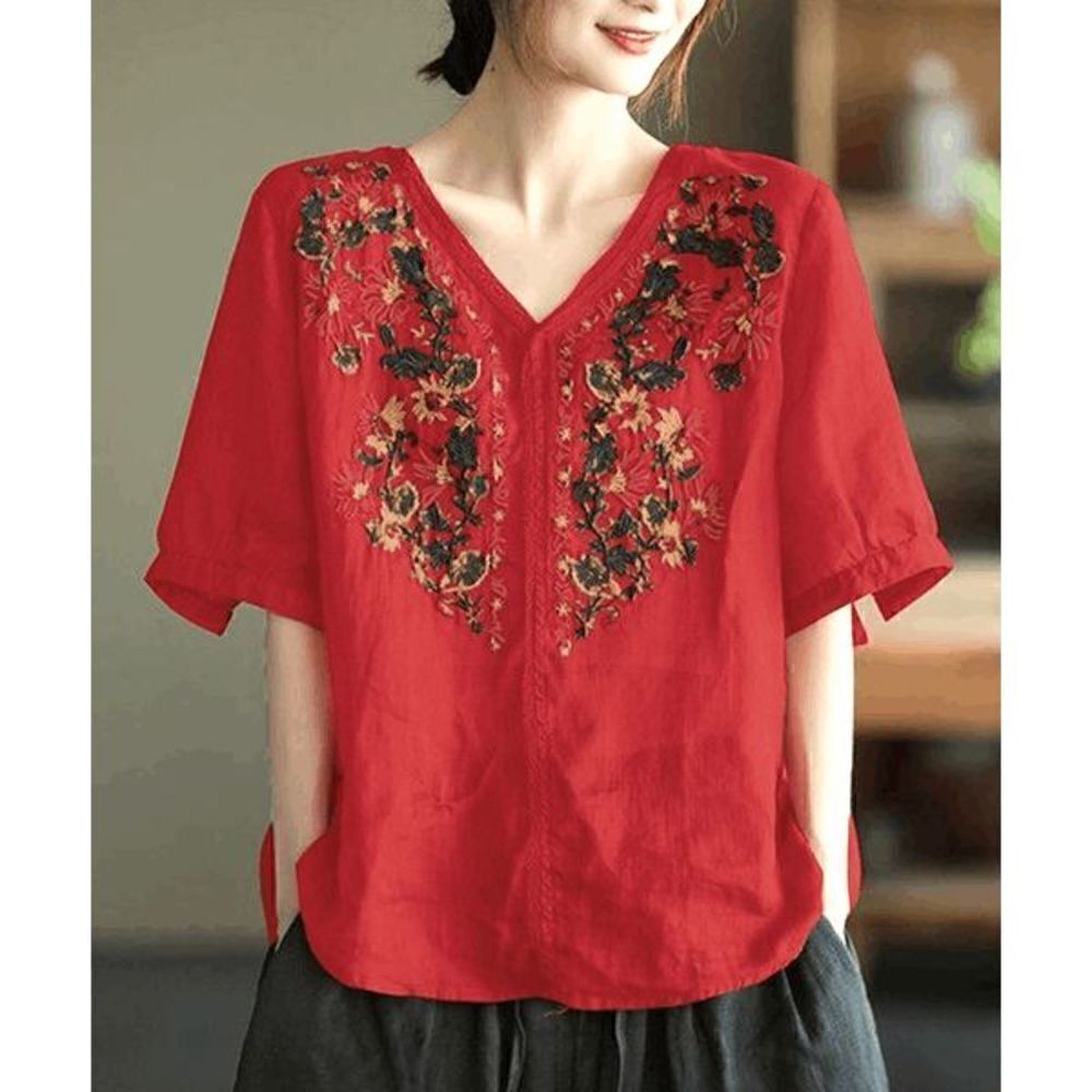 Red Floral-Embroidered Short-Sleeve V-Neck Top M #1911-D3
